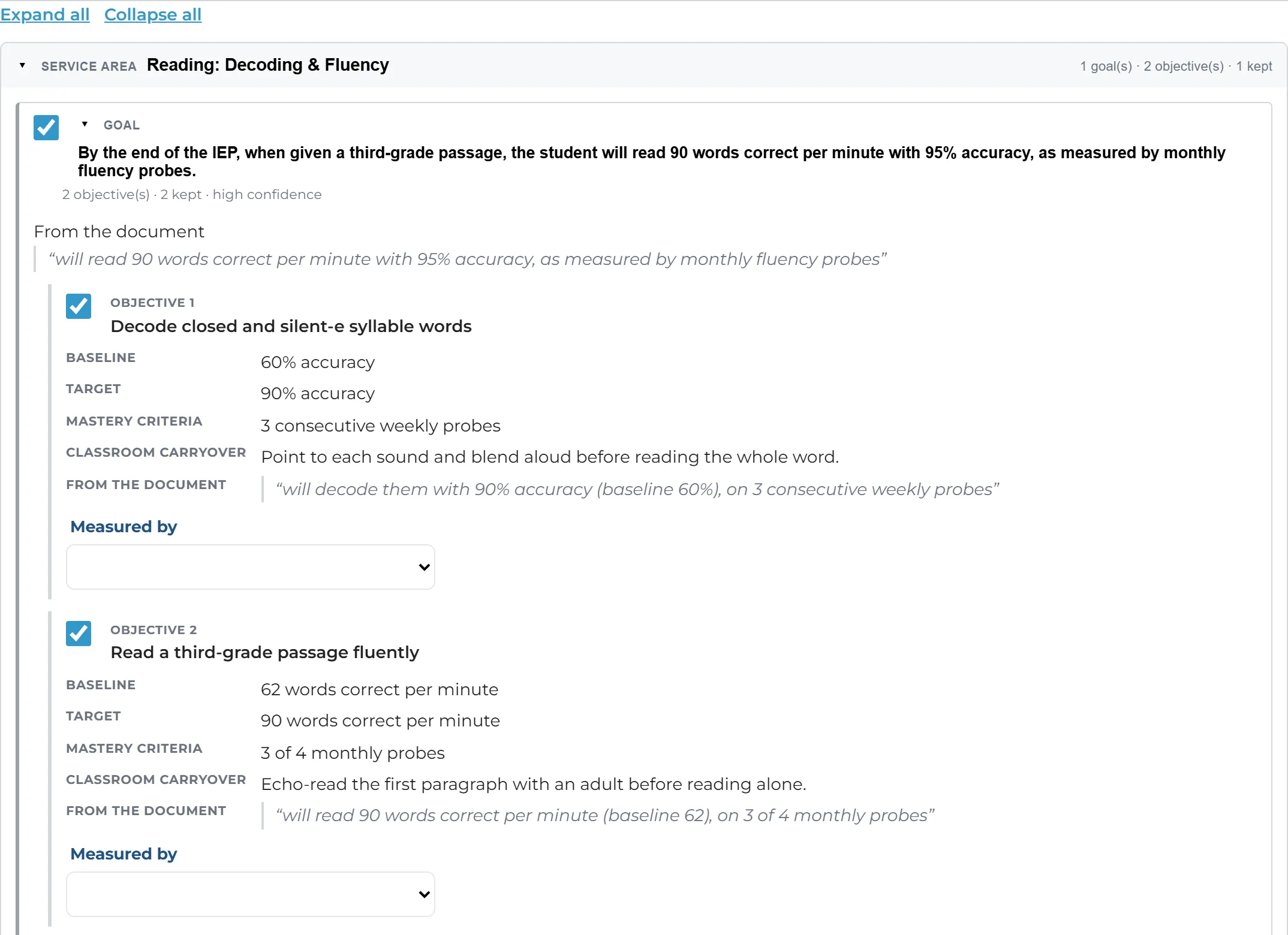A proposed reading goal with its objectives, baselines and targets, each showing the sentence it came from in the IEP.