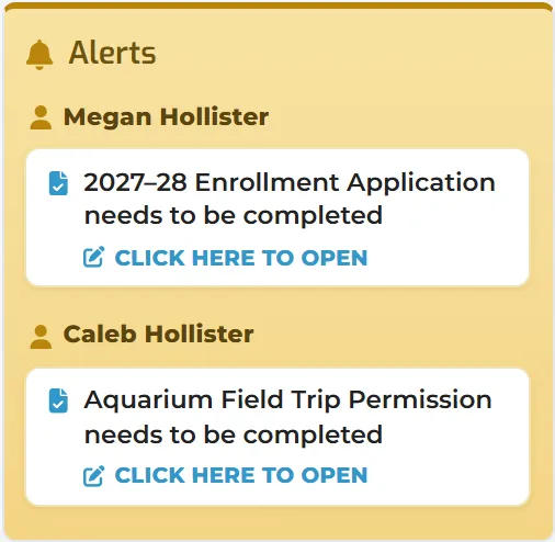 Alerts, listed under each family member: an enrollment application and a field trip permission to complete.