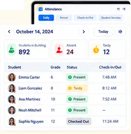 Daily attendance: students in the building, absent and tardy, with each student’s status and check-in time.