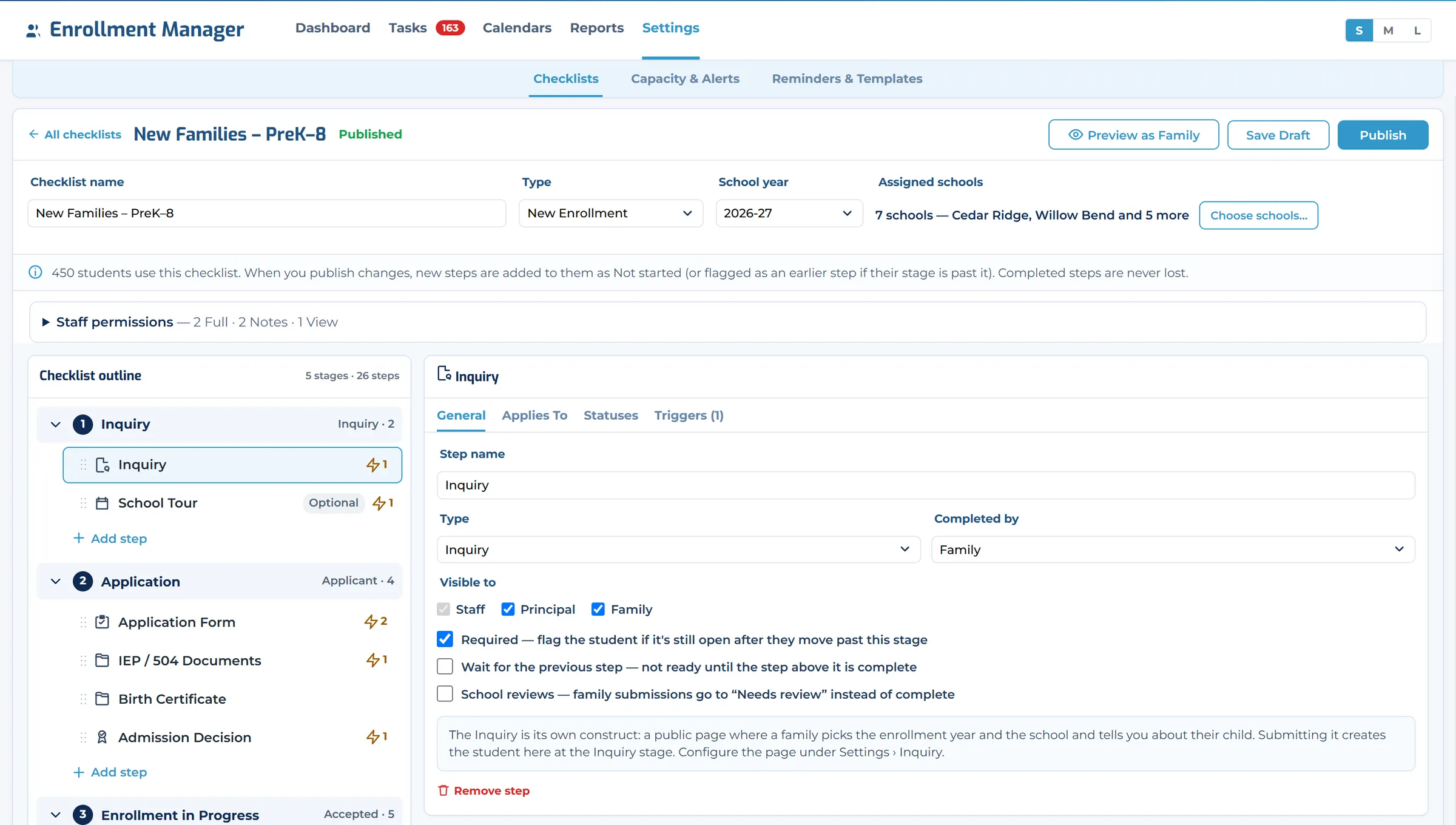 The checklist builder: stages and steps on the left, and the selected step’s settings on the right.