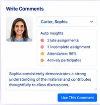 Writing a comment for a student, with insights beside it: late and incomplete assignments, attendance and participation.