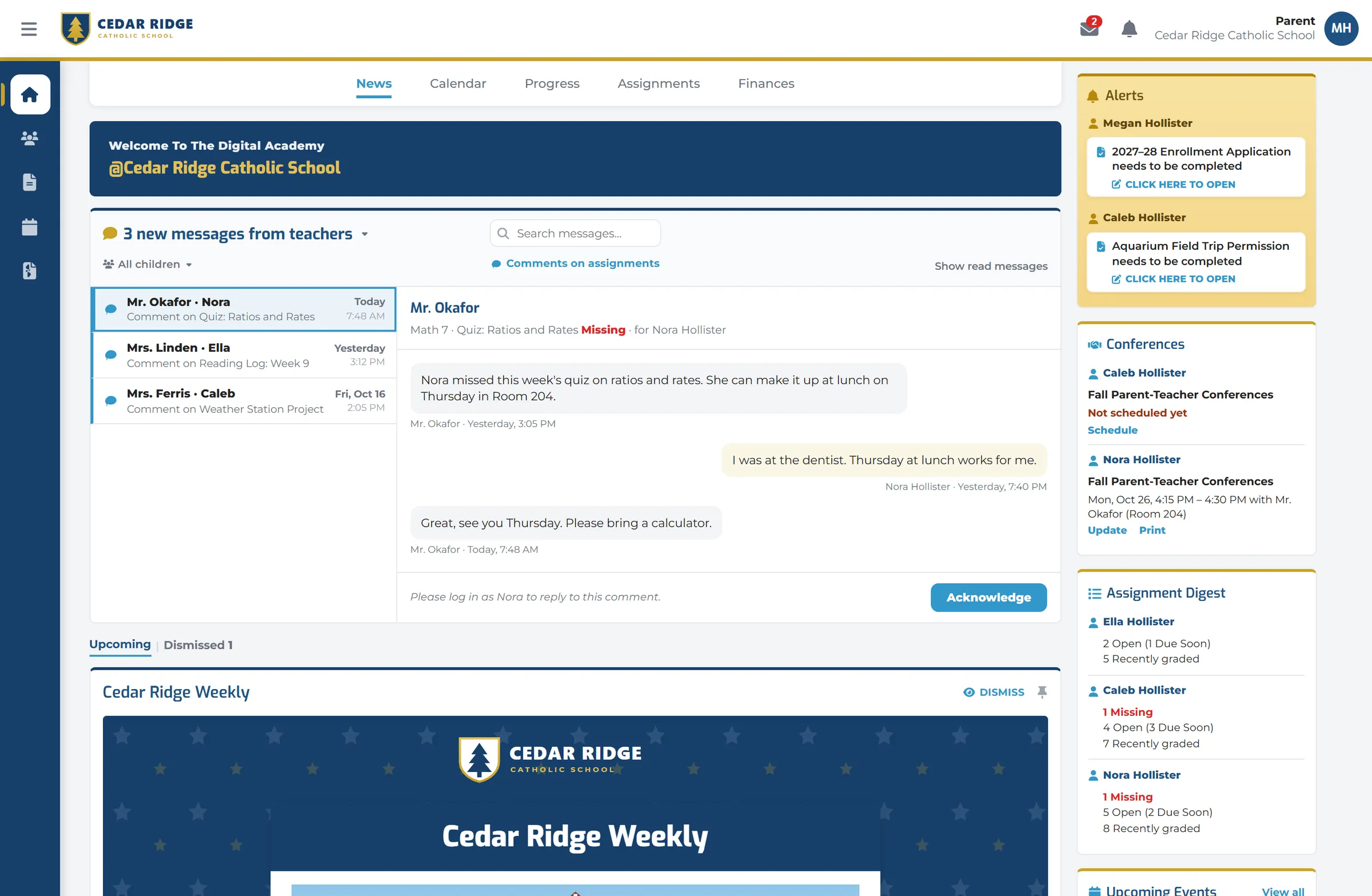 The Parent Dashboard: messages from teachers about three children, the school newsletter below, and Alerts, Conferences and the Assignment Digest down the right.