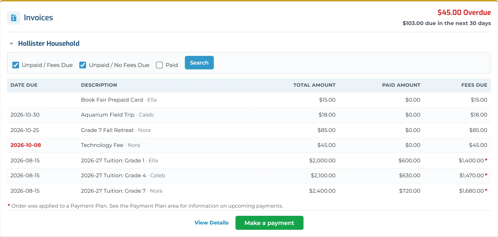Invoices for the household: what is overdue and due in the next 30 days, each fee by child, and Make a payment.