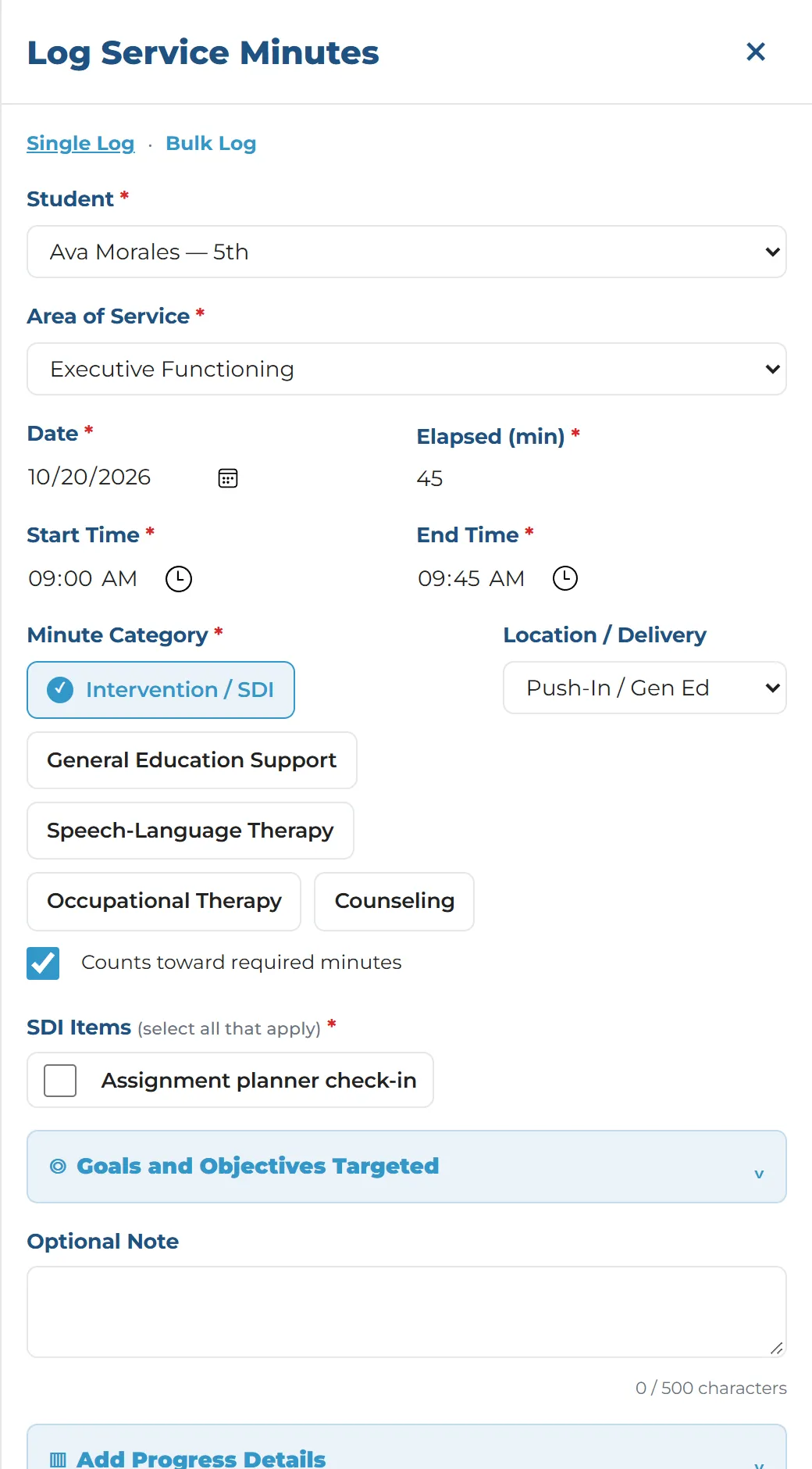 Logging a service session on a phone: student, area of service, date, time and minute category.