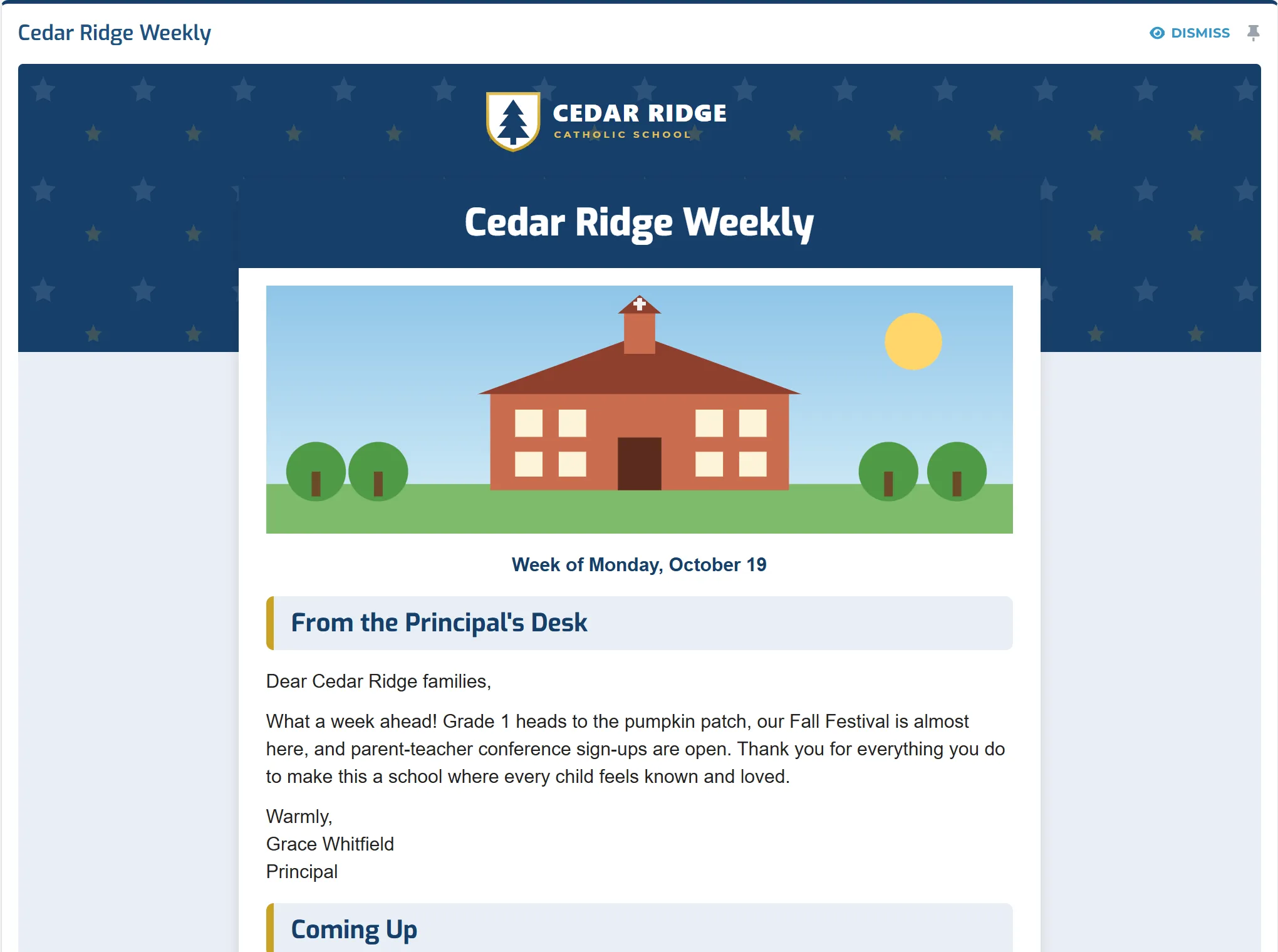 The school’s weekly newsletter shown whole in the parent’s feed, with its banner, picture and the principal’s letter.