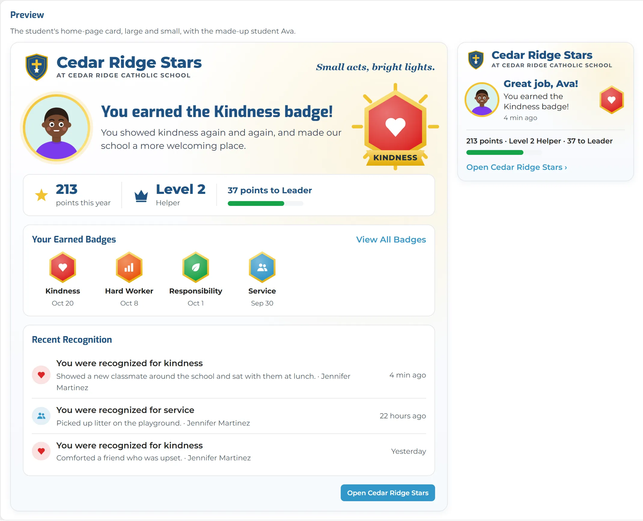 Branding preview: the student card as “Cedar Ridge Stars” with the school crest and the tagline “Small acts, bright lights.”