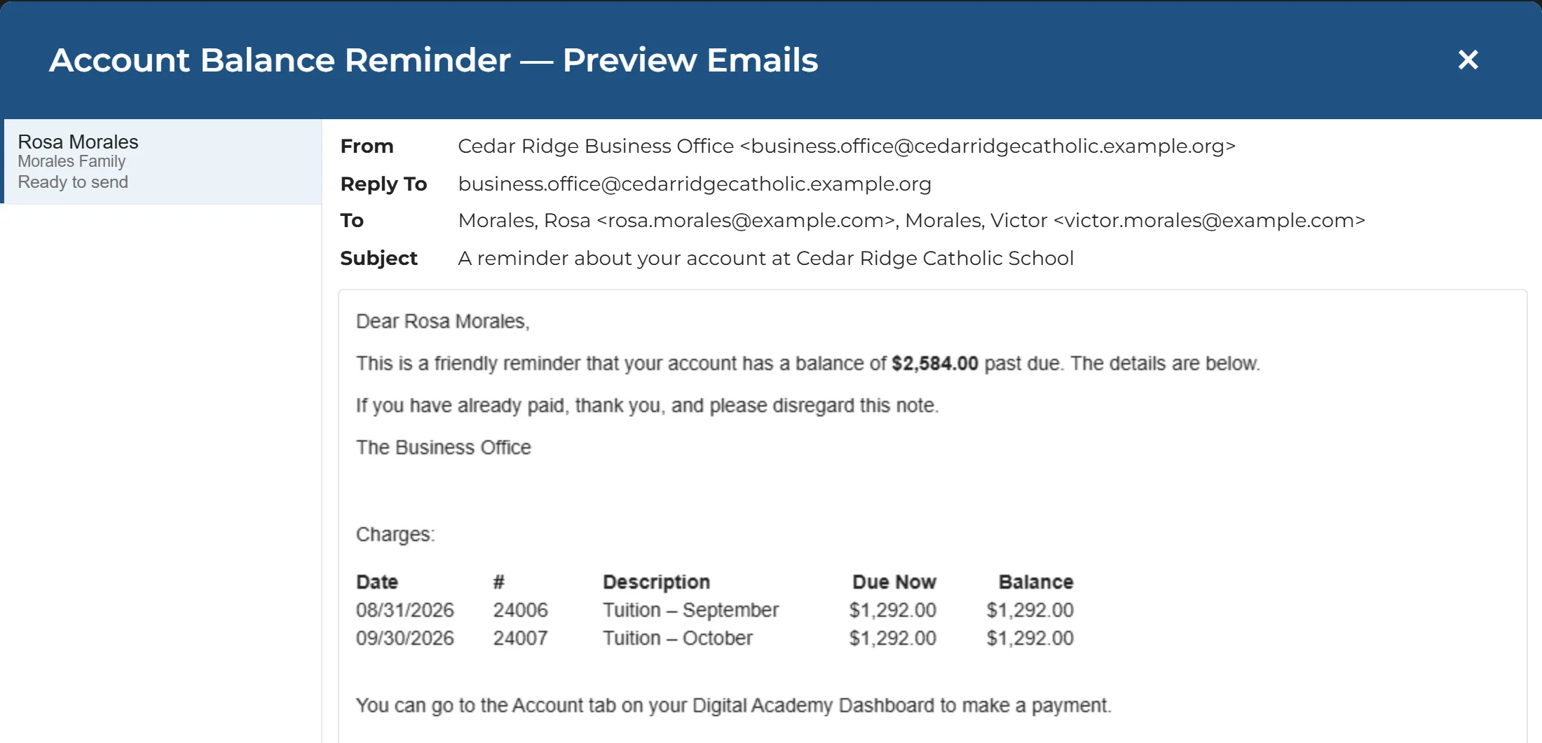 A reminder email previewed for one family, listing its two overdue tuition months.