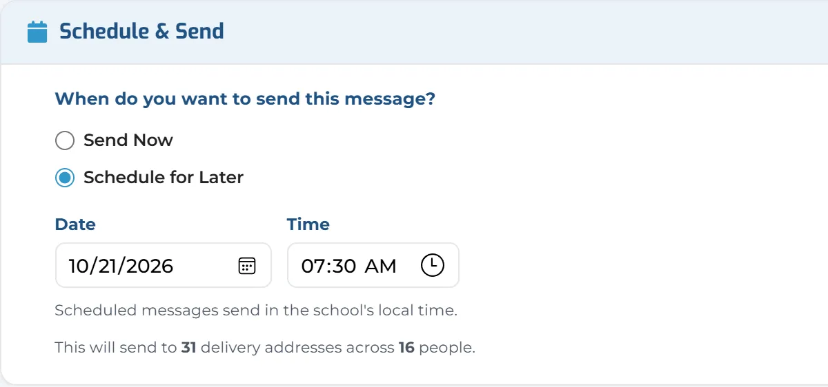 Schedule & Send: Schedule for Later chosen, with tomorrow’s date and time.
