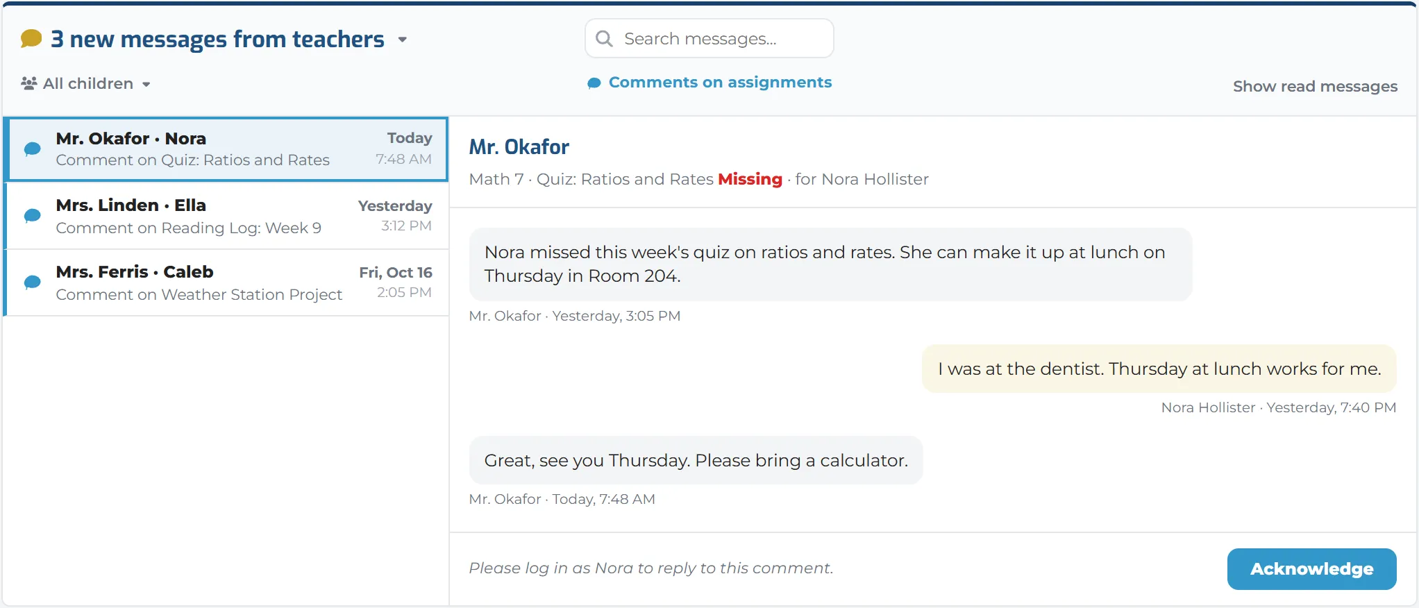 Messages from teachers: comments on three children’s work, one open with the conversation and an Acknowledge button.